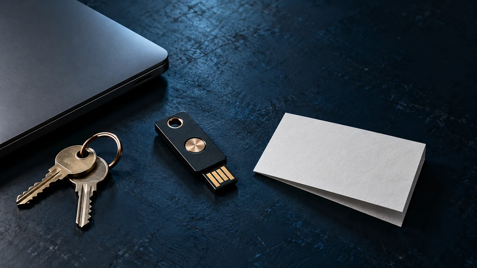 Chiave di sicurezza USB, mazzo di chiavi, computer scuro e scheda bianca su una superficie blu notte