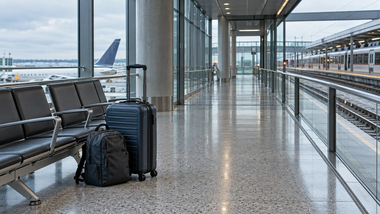 Un piccolo bagaglio a mano in un corridoio aeroportuale che si apre verso un binario ferroviario, con luce diurna fredda e prospettiva profonda.