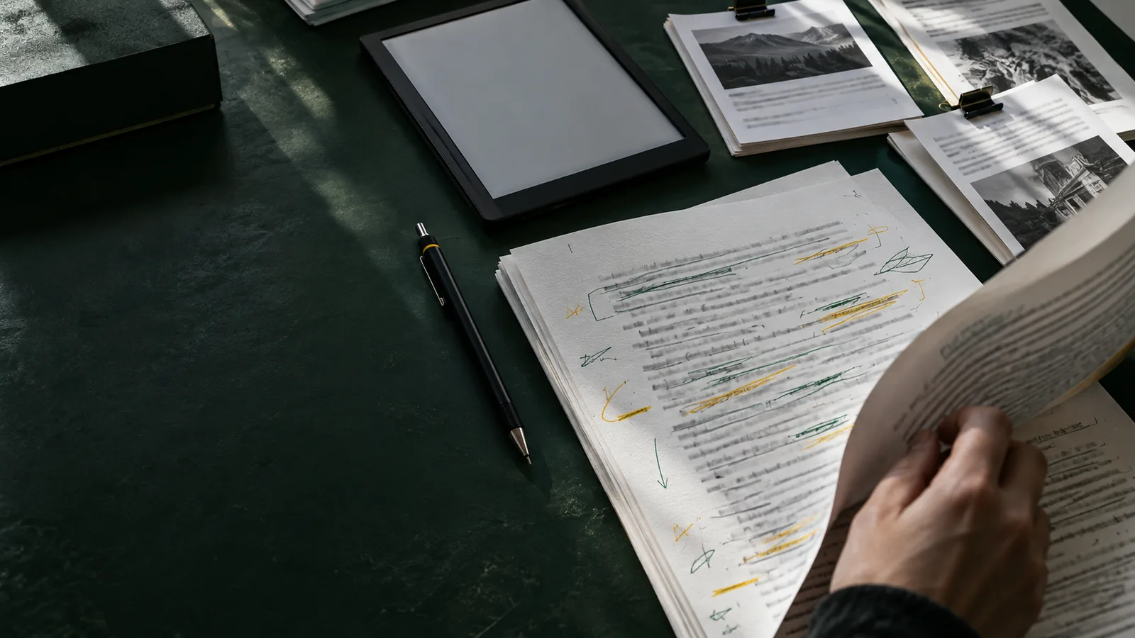 Bozza cartacea con segni di revisione, matita nera e tablet su una scrivania verde scuro